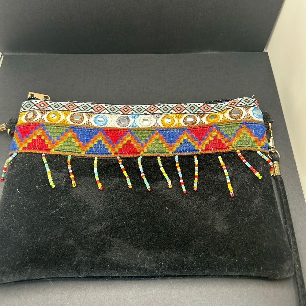 Boho Black Suede Crossbody Bag with Multicolor Beaded Trim - Picture 8 of 14